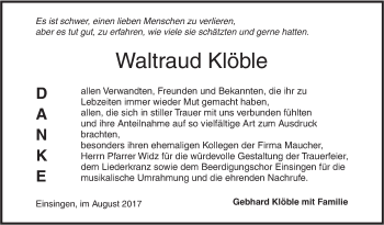 Traueranzeige von Waltraud Klöble von Südwest Presse