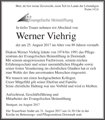 Traueranzeige von Werner Viehrig von Südwest Presse