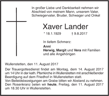 Traueranzeige von Xaver Lander von Südwest Presse