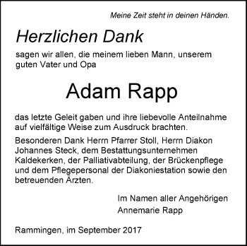 Traueranzeige von Adam Rapp von Südwest Presse