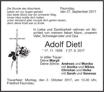 Traueranzeige von Adolf Dietl von Neue Württembergische Zeitung