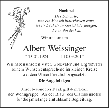 Traueranzeige von Albert Weissinger von Südwest Presse