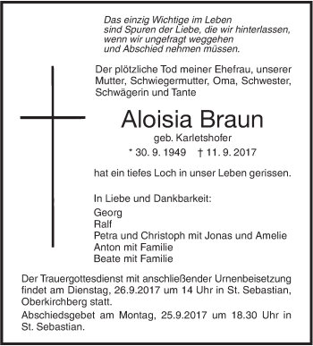 Traueranzeige von Aloisia Braun von Südwest Presse