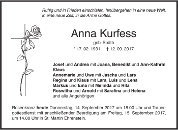 Traueranzeige von Anna Kurfess von Südwest Presse