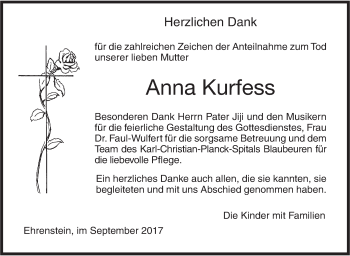 Traueranzeige von Anna Kurfess von Südwest Presse