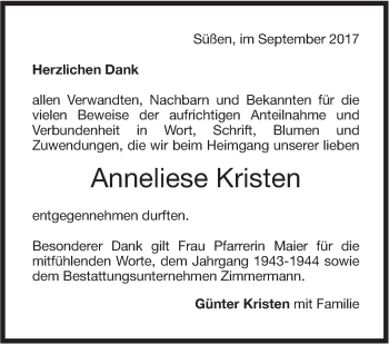 Traueranzeige von Anneliese Kristen von Neue Württembergische Zeitung