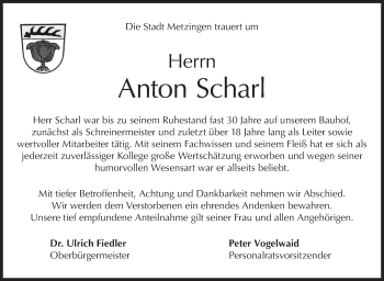 Traueranzeige von Anton Scharl von Südwest Presse