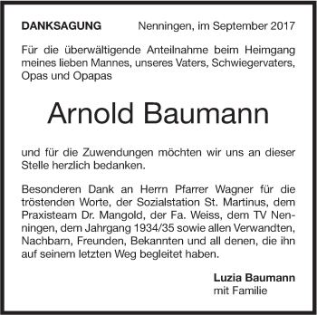 Traueranzeige von Arnold Baumann von Neue Württembergische Zeitung