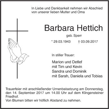 Traueranzeige von Barbara Hettich von Südwest Presse