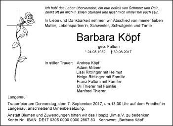 Traueranzeige von Barbara Köpf von Südwest Presse