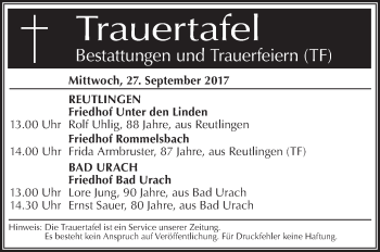 Traueranzeige von Bestattungen vom 27.09.2017 von Südwest Presse