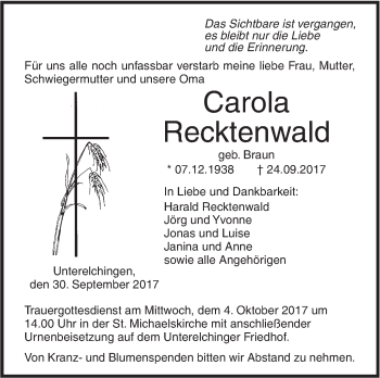 Traueranzeige von Carola Recktenwald von Südwest Presse