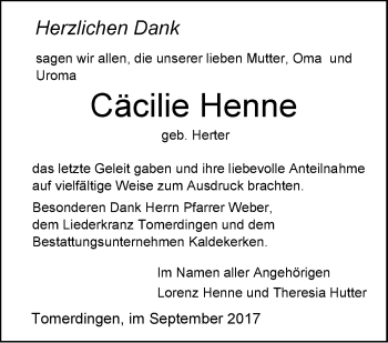 Traueranzeige von Cäcilie Henne von Südwest Presse