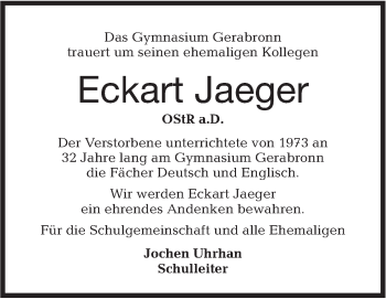 Traueranzeige von Eckart Jaeger von Hohenloher Tagblatt