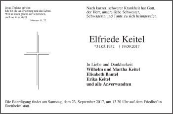 Traueranzeige von Elfriede Keitel von Hohenloher Tagblatt