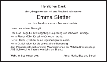 Traueranzeige von Emma Stetter von Illertal Bote