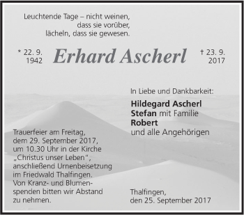 Traueranzeige von Erhard Ascherl von Südwest Presse