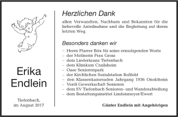 Traueranzeige von Erika Endlein von Hohenloher Tagblatt