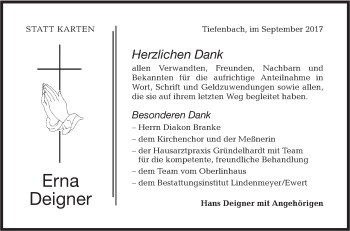 Traueranzeige von Erna Deigner von Hohenloher Tagblatt