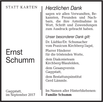 Traueranzeige von Ernst Schumm von Hohenloher Tagblatt