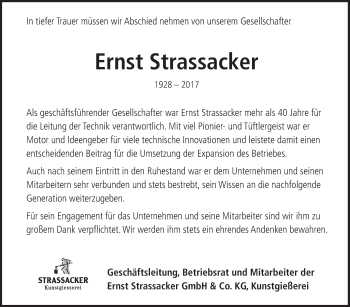 Traueranzeige von Ernst Strassacker von Neue Württembergische Zeitung