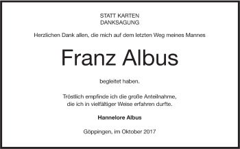 Traueranzeige von Franz Albus von Neue Württembergische Zeitung