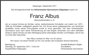 Traueranzeige von Franz Albus von Neue Württembergische Zeitung