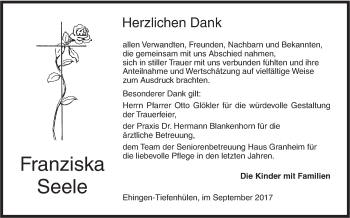 Traueranzeige von Franziska Seele von Ehinger Tagblatt