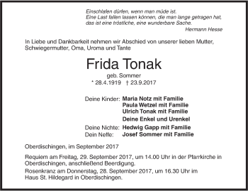 Traueranzeige von Frida Tonak von Ehinger Tagblatt