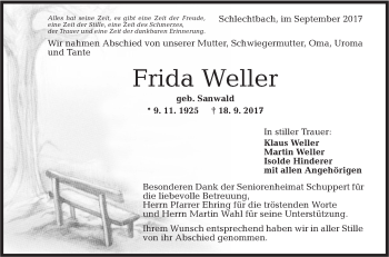 Traueranzeige von Frida Weller von Rundschau