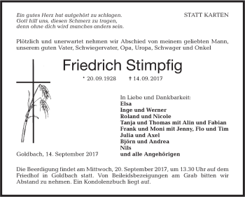 Traueranzeige von Friedrich Stimpfig von Hohenloher Tagblatt