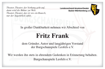 Traueranzeige von Fritz Frank von Hohenloher Tagblatt