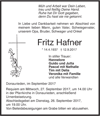 Traueranzeige von Fritz Hafner von Südwest Presse