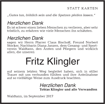 Traueranzeige von Fritz Klingler von Hohenloher Tagblatt