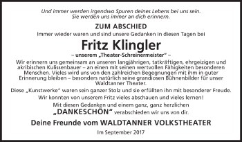 Traueranzeige von Fritz Klingler von Hohenloher Tagblatt