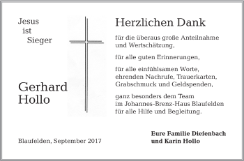 Traueranzeige von Gerhard Hollo von Hohenloher Tagblatt