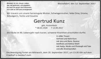 Traueranzeige von Gertrud Kunz von Rundschau