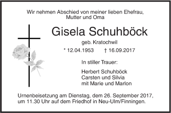 Traueranzeige von Gisela Schuhböck von Südwest Presse