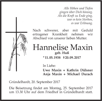 Traueranzeige von Hannelise Maxin von Hohenloher Tagblatt