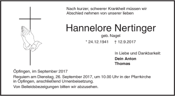 Traueranzeige von Hannelore Nertinger von Südwest Presse