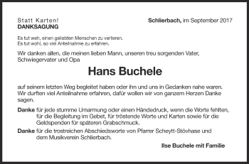 Traueranzeige von Hans Buchele von Neue Württembergische Zeitung