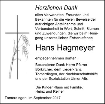 Traueranzeige von Hans Hagmeyer von Südwest Presse