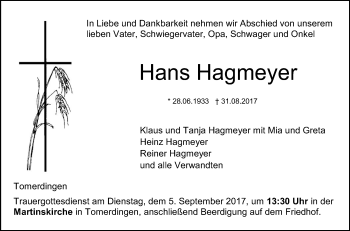 Traueranzeige von Hans Hagmeyer von Südwest Presse