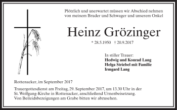 Traueranzeige von Heinz Grözinger von Ehinger Tagblatt