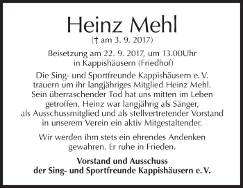 Traueranzeige von Heinz Mehl von Südwest Presse