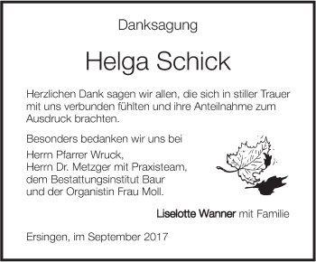 Traueranzeige von Helga Schick von Ehinger Tagblatt