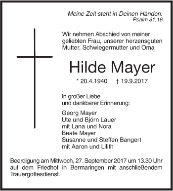 Traueranzeige von Hilde Mayer von Südwest Presse