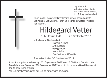 Traueranzeige von Hildegard Vetter von Südwest Presse