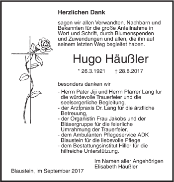 Traueranzeige von Hugo Häußler von Südwest Presse