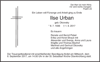 Traueranzeige von Ilse Urban von Südwest Presse